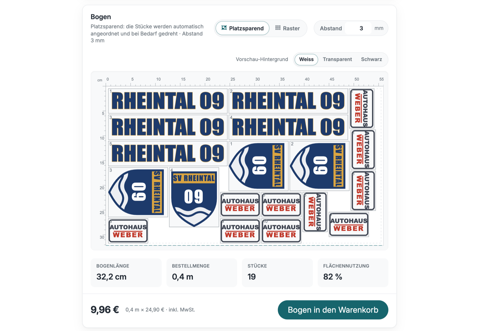 Gang Sheet Builder für JTL-Shop: automatisches Nesting mit gedrehten Motiven, Kennzahlen und Live-Preis